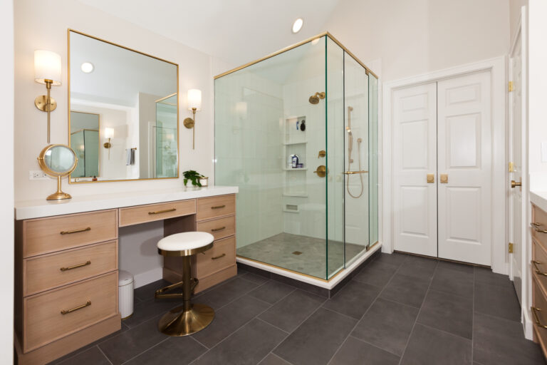 Custom double vanity with organized drawers in luxury North Shore Chicago bathroom