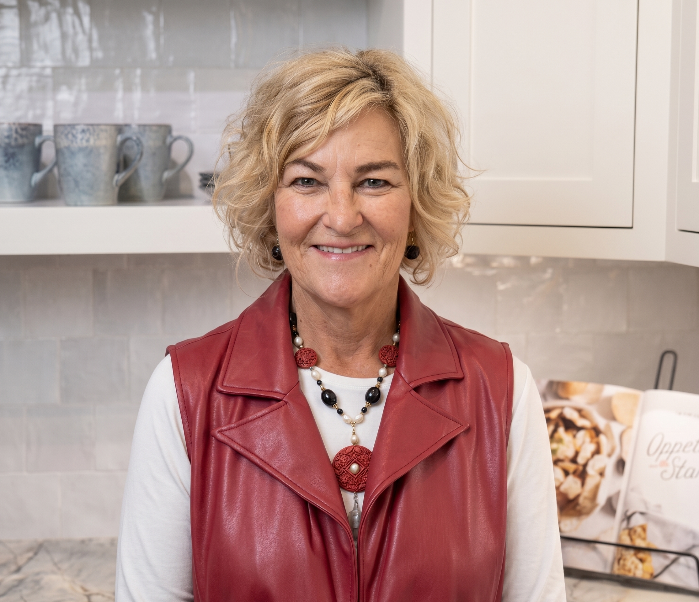 Woman in dove brown kitchen designed by DDK Kitchen Design Group