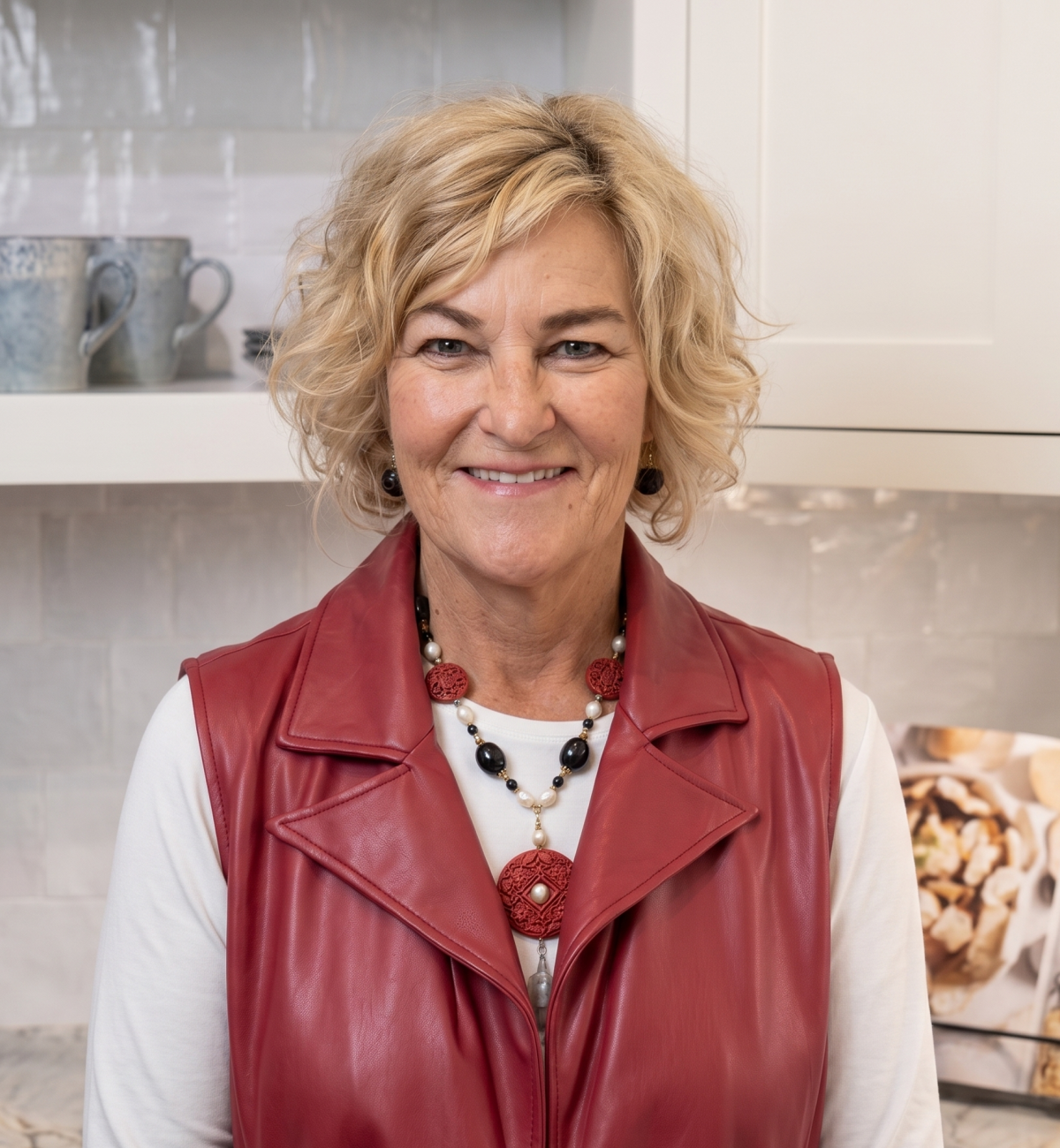 Woman in dove brown kitchen designed by DDK Kitchen Design Group
